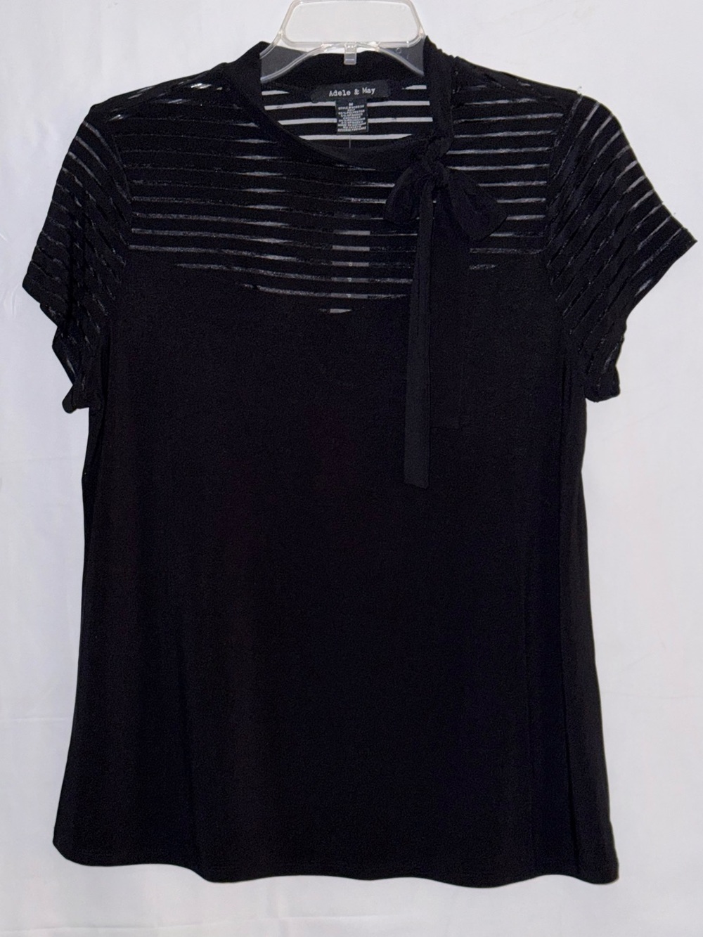 NWT Adele & May Black Short-Sleeve Sheer Yoke Tie-Neck Tee Size Medium